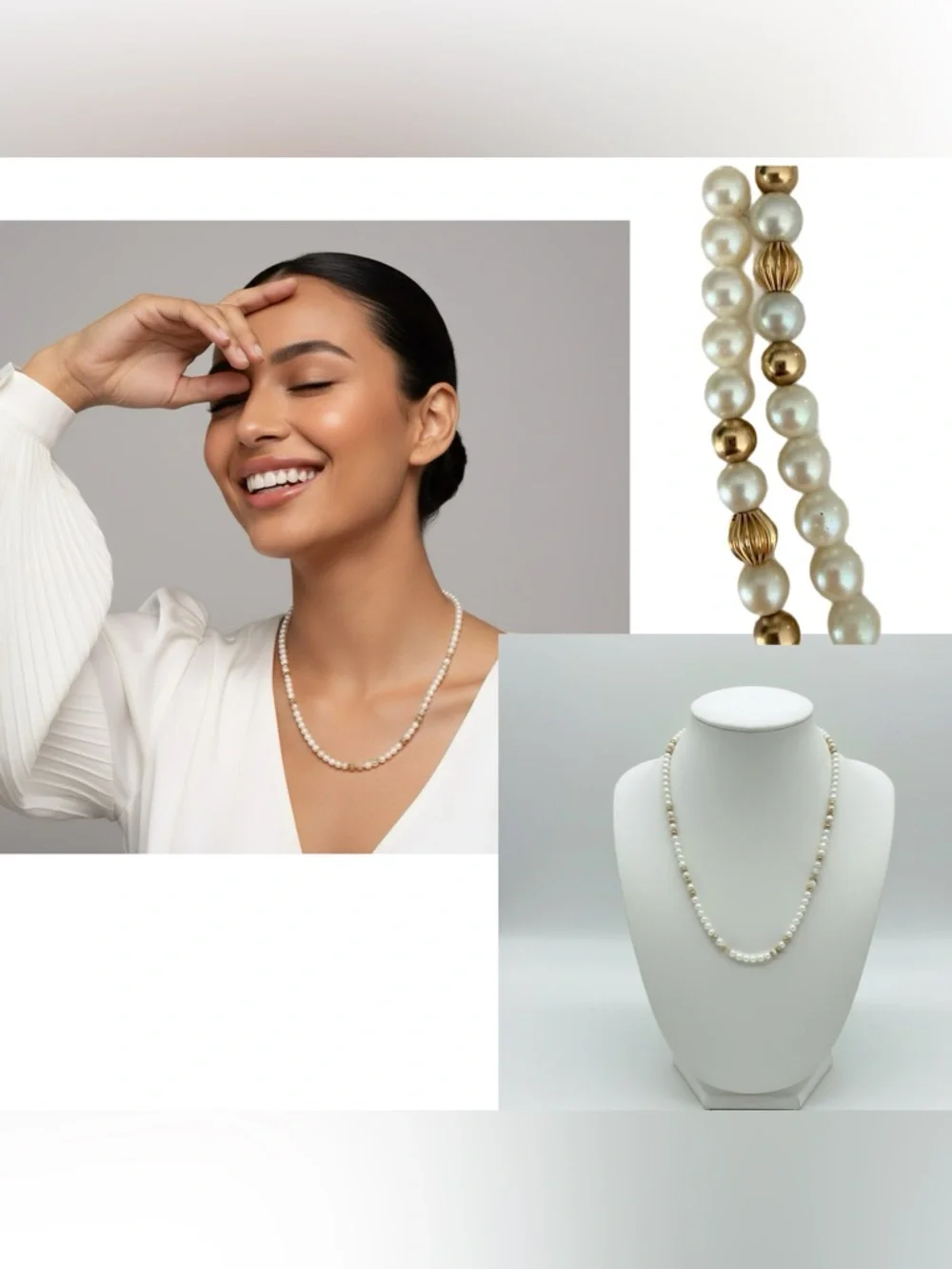 Classic Pearl necklace w/ Gold Beads - Picture 11 of 16
